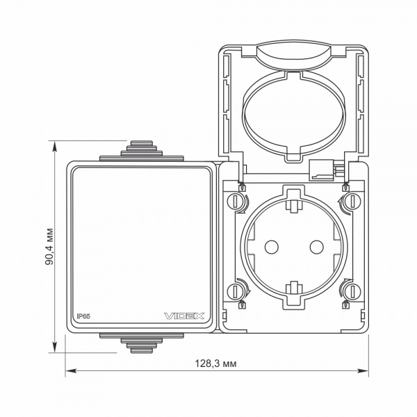 Розетка + выключатель одноклавишный влагозащищенная двойная с заземлением Videx Binera BINERA IP65 серый VF-BNW3-G