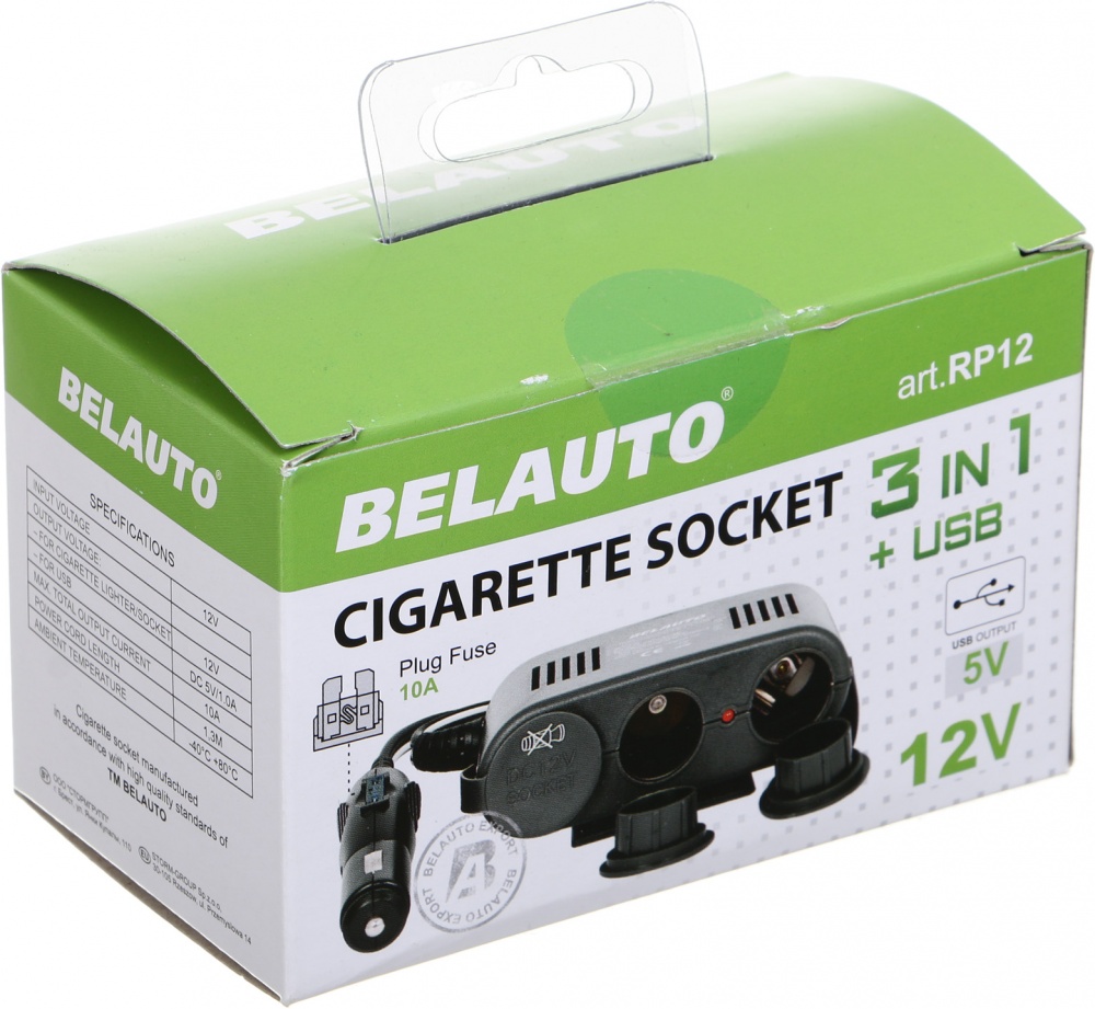 Разветвитель автомобильный Белавто 12V, 10A с USB