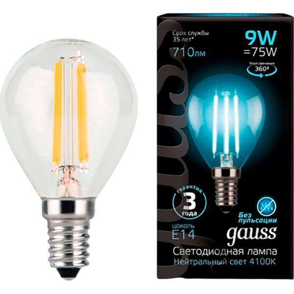 Лампа світлодіодна Gauss Black FIL G45 9 Вт E14 4100 К 220 В прозора 