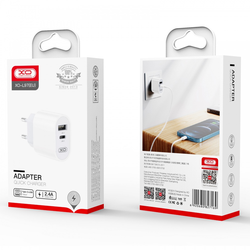 Сетевое зарядное устройство Xo L97 USB-A, USB-C 12W White (L97.white)
