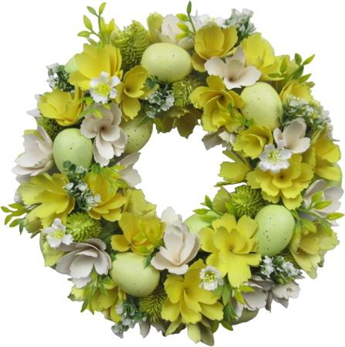 Декорация пасхальный венок цветастый с яйцами пласт.дерев. бел.-желт. д.24 см