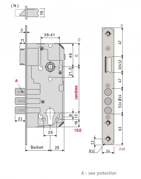 Дверний замок вхідний SANTOS 1-WAY DIN 990 SS UNIV BS50 мм 90 мм нержавіюча сталь