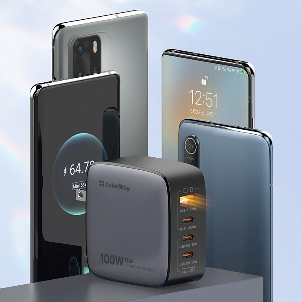 Сетевое зарядное устройство ColorWay Power Delivery GaN (USB-A + 3USB TYPE-C) (100W)