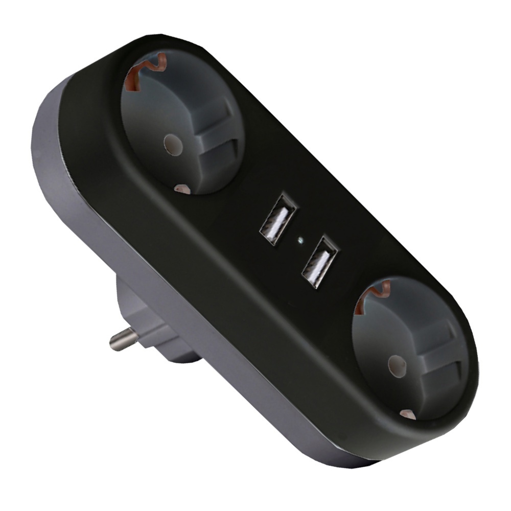 Двійник Euroelectric із заземленням 2 гн. чорний EE-2/2USB-16A(black)