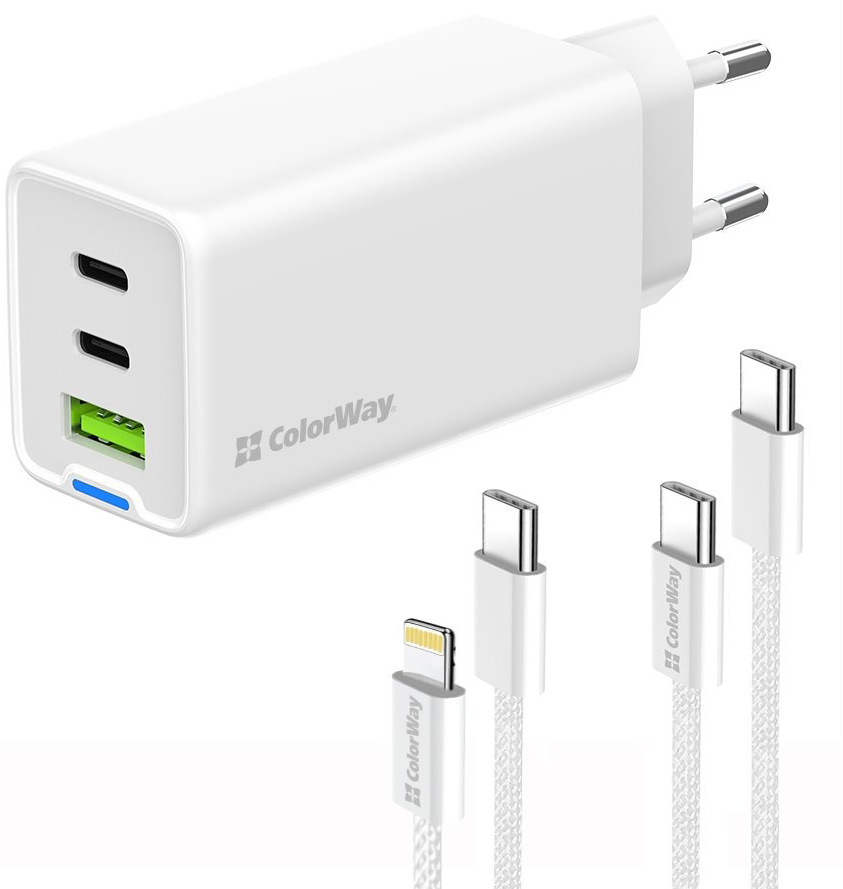 Сетевое зарядное устройство ColorWay GaN Mini 65W PD Port PPS USB (USB-2C1A) cable Type-C&Lightning (CW-CHS058PDCL-WT)