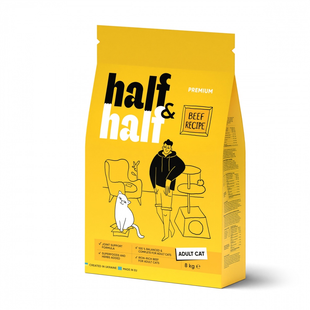 Корм сухий для дорослих котів Half&Half з яловичиною 8 кг