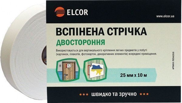 Монтажная двусторонняя лента Элкор белая 25 мм х 10 м TEEVA2510