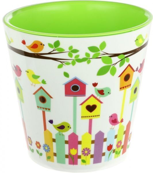 Горщик пластиковий Алеана Деко Пташки круглий 1л білий із салатовим 