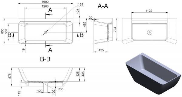 Ванна из искусственного камня EGO Logic New (Matte) 169х80 см 