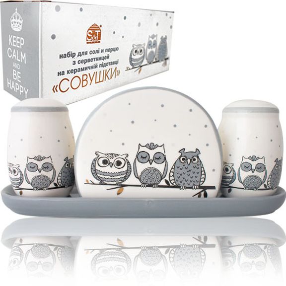 Набір для солі та перцю із серветницею Совушки 6912-18 S&T