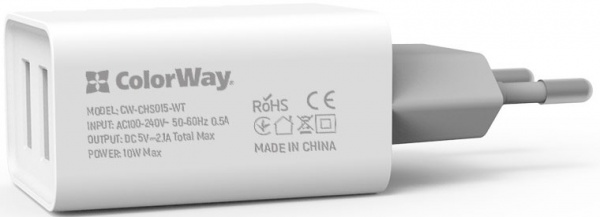 Мережевий зарядний пристрій ColorWay 2USB AUTO ID 2.1A 10W (CW-CHS015-WT) 
