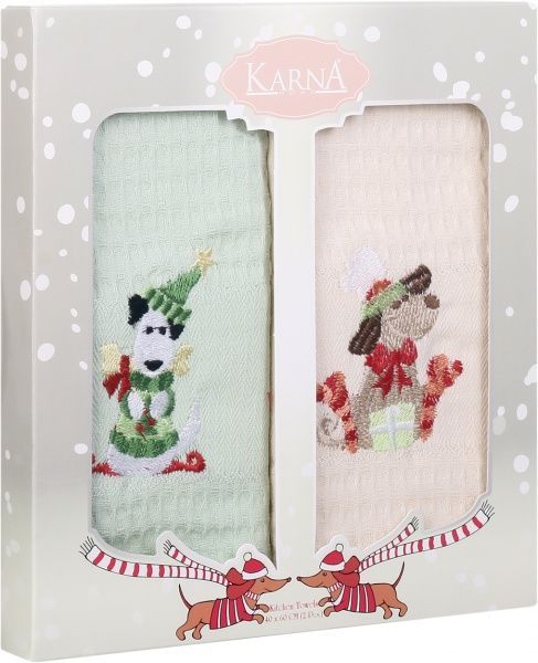 Набір рушників вафельних New Year Dogs 2 шт. 40x60 см Karna бежевий 