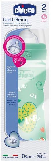 Пляшка дитяча Chicco пластикова Well-Being 250 мл з силіконовою соскою середній потік від 2 місяців дівчинка 1шт