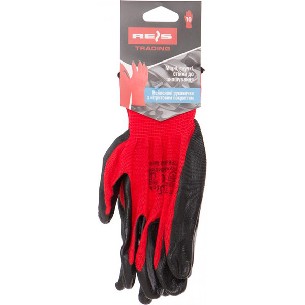 Перчатки Reis красно-черные с покрытием нитрил XL (10) Red Nit 10