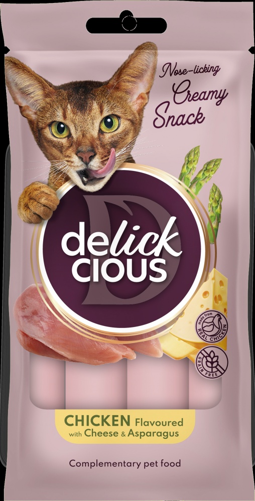 Лакомство для котов DELICKCIOUS кремовое лакомство – курица с добавлением сыра и спаржи (4х0,015 кг)