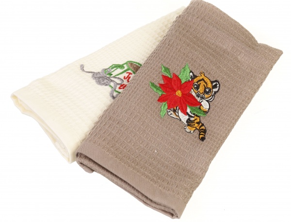 Набор полотенец вафельных с вышивкой Рождественский кофейный 45x60 см бежевый с коричневым Luna 