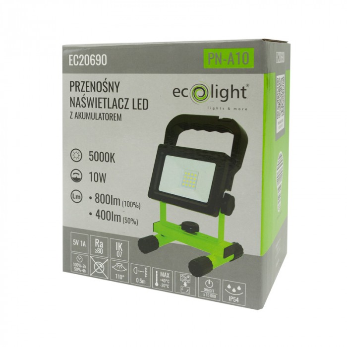 Ліхтар прожекторний Ecolight LED EC20690 10W 5000К 2200MAh 800 Lm чорнийзелений