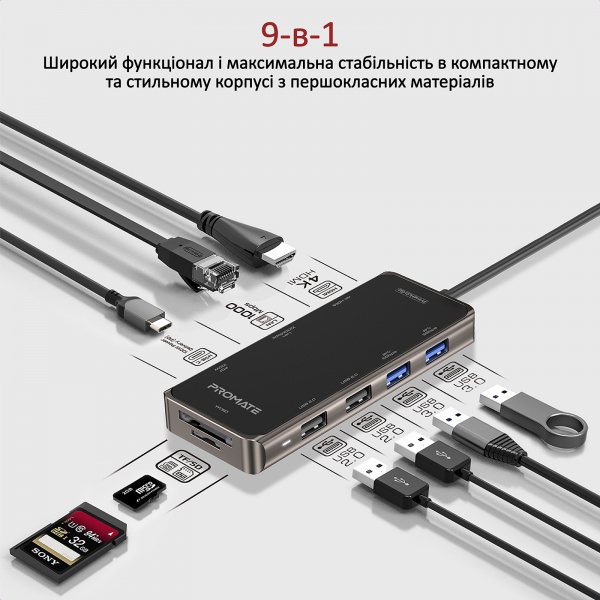 USB-хаб Promate PrimeHub-Go 9-в-1 USB-C PD/HDMI/2xUSB 3.0/2xUSB 2.0/RJ45/SD/MicroSD