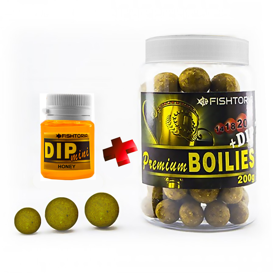 Бойли Fishtoria насадочні Premium Boilies 14.18.20мм + DIP 20мл мед 200 г — фото 1