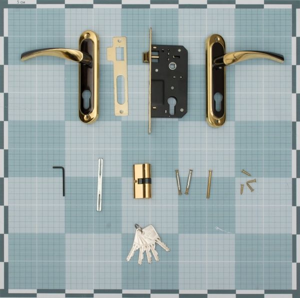 Замок врезной с ручками PZ Bravo 162 62 мм никель/золотой