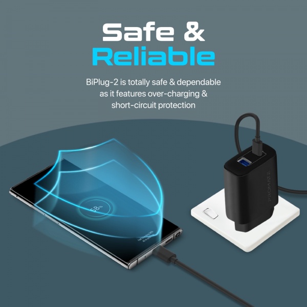 Сетевое зарядное устройство Promate Biplug-2 17 Вт USB-C+USB-A