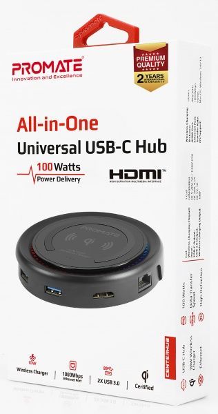 USB-хаб Promate CenterHub USB-C PD/10W Wireless Charger/HDMI/2xUSB 3.0/USB-C 3.1/RJ45 Black