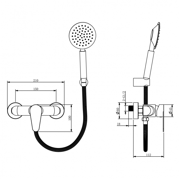 Смеситель для душа VIDAN Verdi AISI-304 с душевой лейкой и шлангом в комплекте (IN-H8028)
