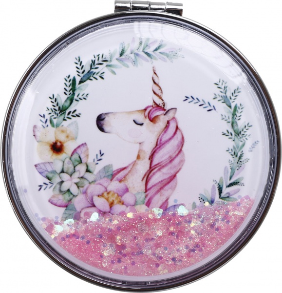 Зеркало карманное косметическое Лідер Канц Единорог с сыпучими блестками круглое 12 вариантов в ассортименте 