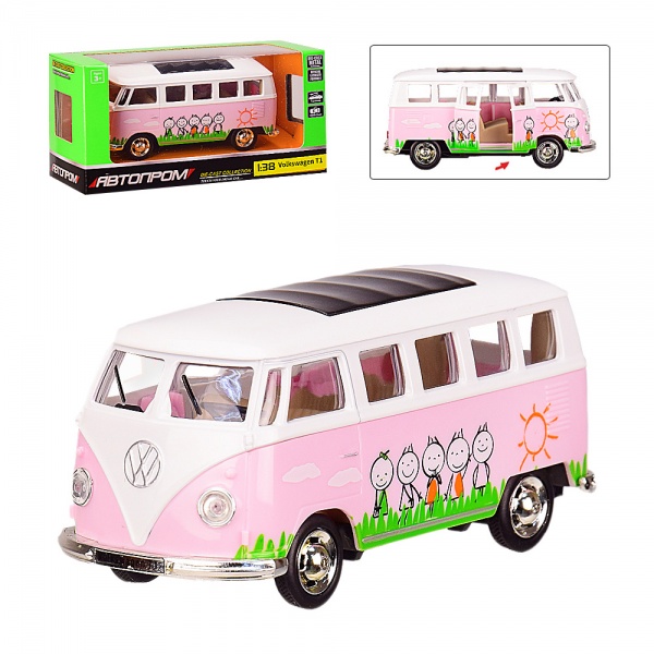 Автомодель Автопром 1:38 Автобус Volkswagen T1 розовый 4332