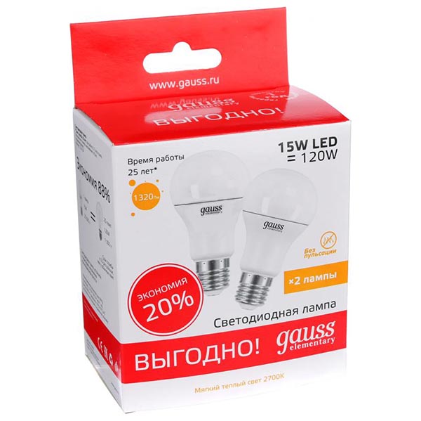 Лампа LED Gauss Elementary A60 20 Вт E27 2700K 2 шт