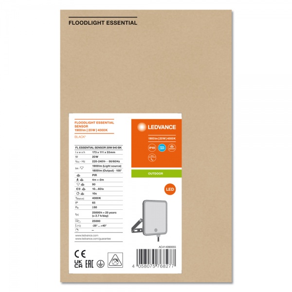 Прожектор светодиодный Ledvance FL Essential 4000K 20 Вт IP65 черный FL essent 20W S 