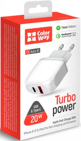 Сетевое зарядное устройство ColorWay (Type-C PD + USB QC3.0) 3.0А 20W