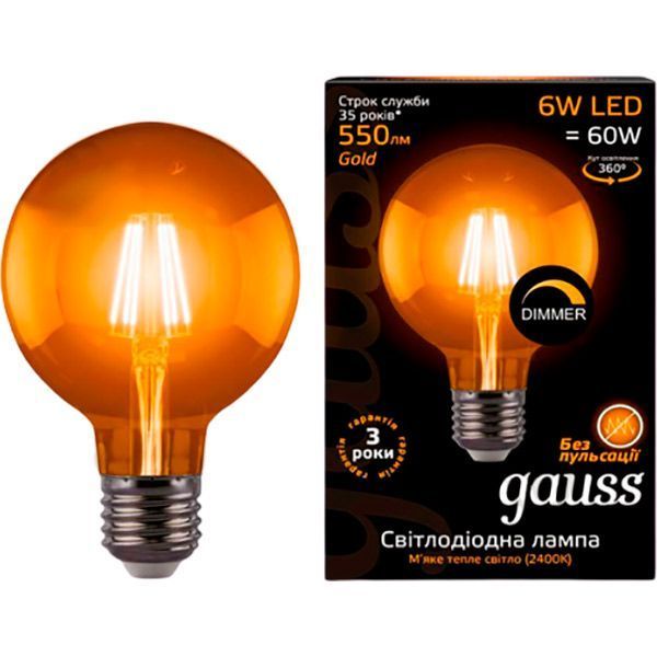 Лампа світлодіодна Gauss FIL Dim Golden G95 6 Вт E27 2400 К 220 В жовта 