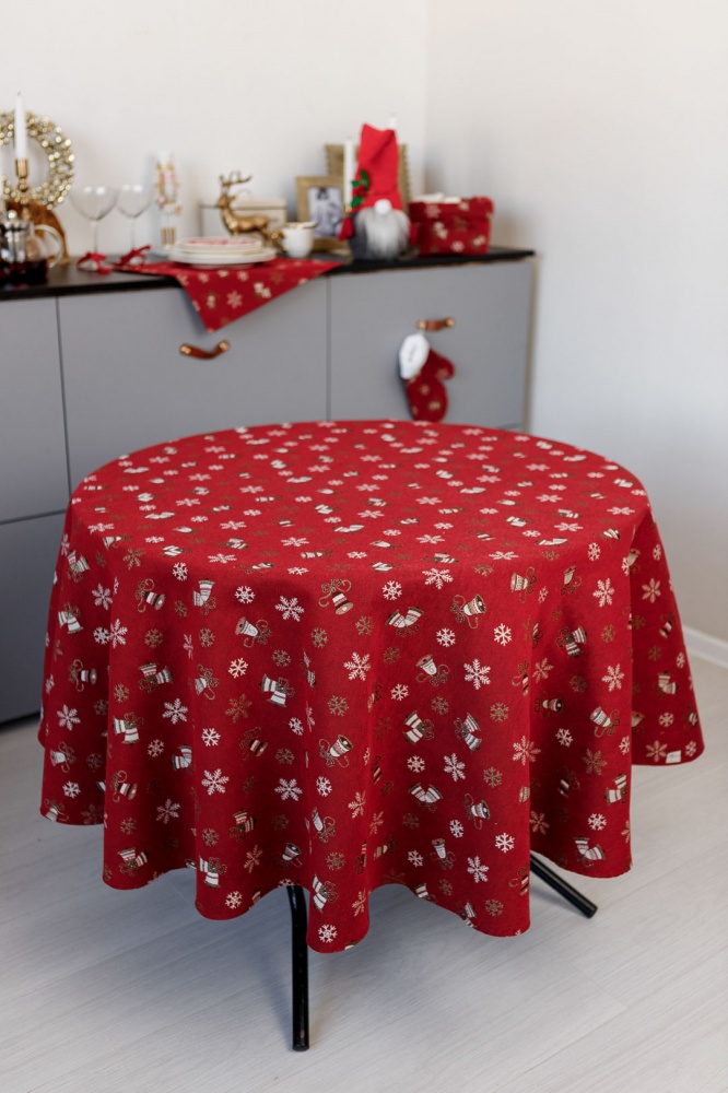 Скатерть круглая Колокольчики на красном d136 136x136 см Прованс