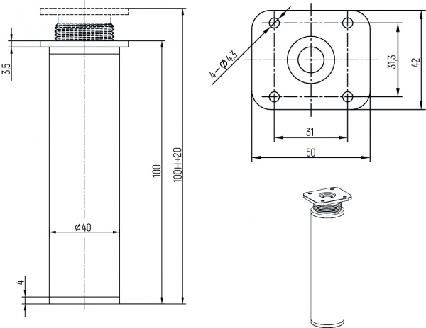 Меблева ніжка DC d-40 h-100 мм чорна 