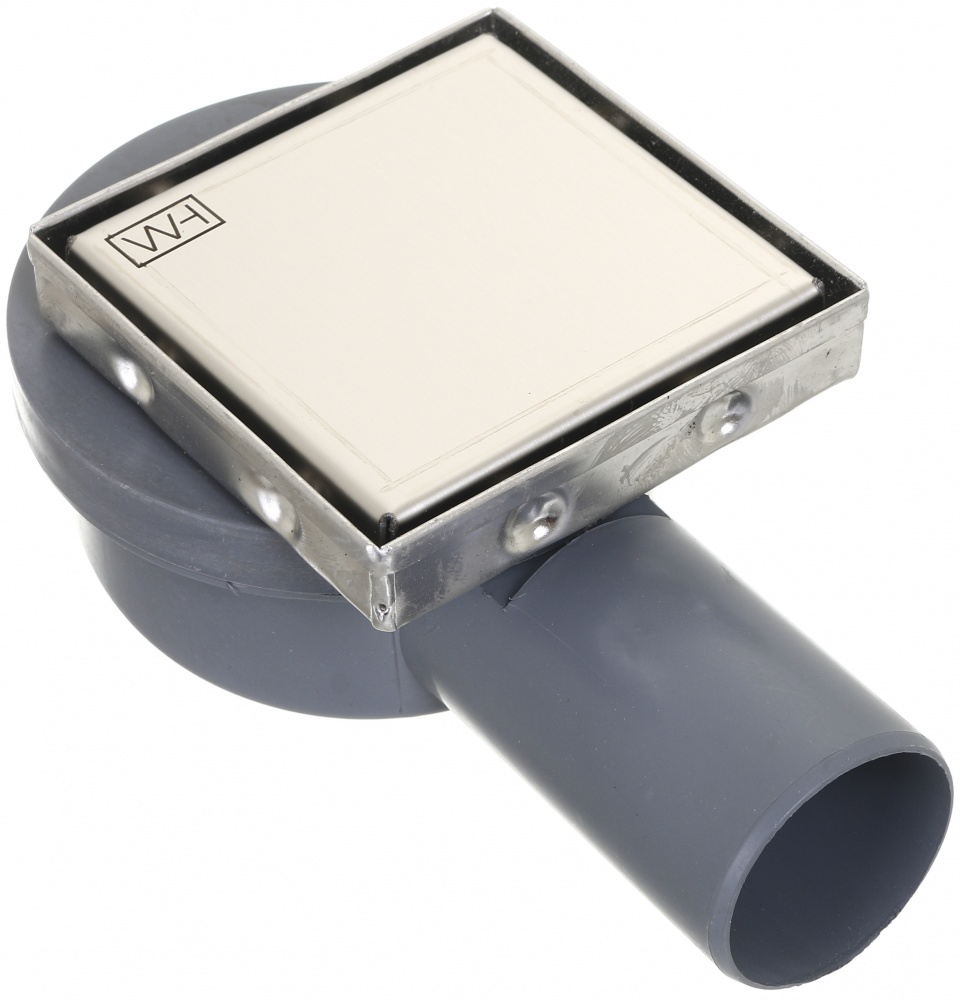 Трап горизонтальный регулируемый Water House Трап WATER HOUSE 10х10см из нержавеющей стали, горизонтальный сифон, сухой затвор, решетка