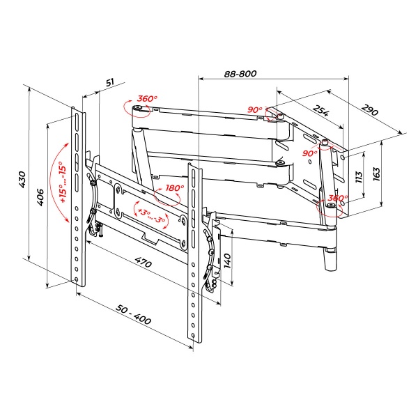 Крепление для телевизора HausMark TWRA-444 поворотно-наклонные 50