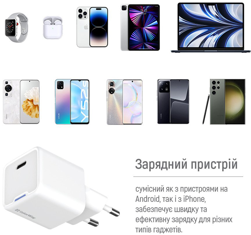 Мережевий зарядний пристрій ColorWay GaN Mini 25W PD USB-C white