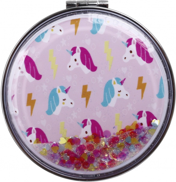 Зеркало карманное косметическое Лідер Канц Единорог с сыпучими блестками круглое 12 вариантов в ассортименте 