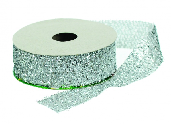 Стрічка декоративна 2,5 см x 4,5 м срібна з блискітками K-379886 