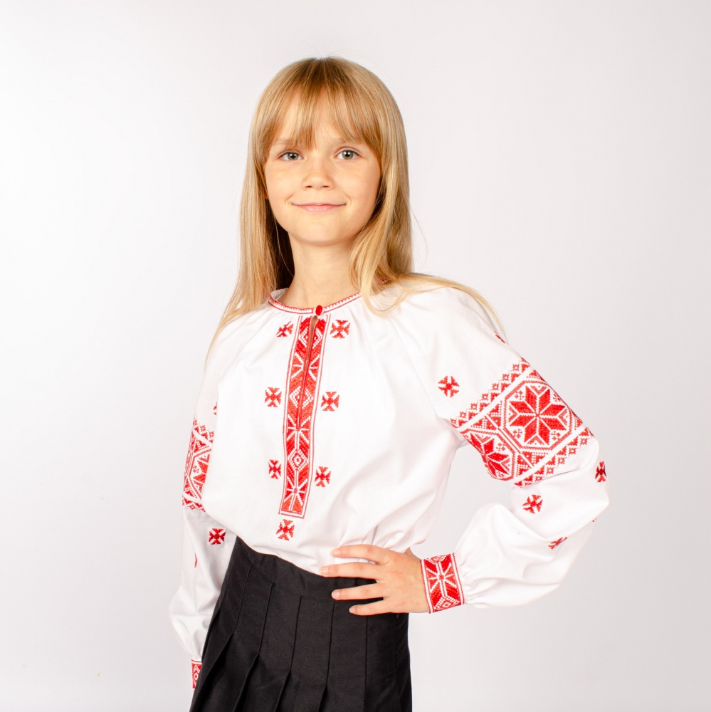Вышиванка для девочек Эдельвика р.128 белый с красным 381-23/09