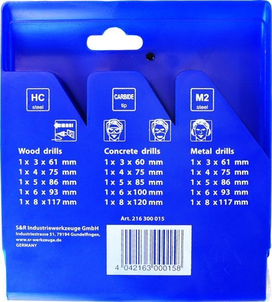 Набор сверл по металлу S&R 3,0-8,0 мм 15 шт. 216300015