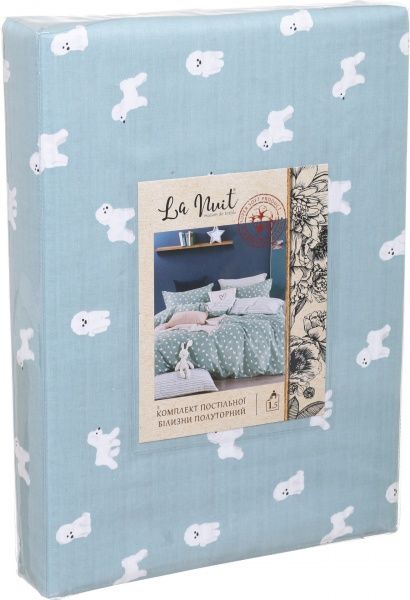 Комплект постільної білизни Little dogs полуторний бірюзово-білий La Nuit 