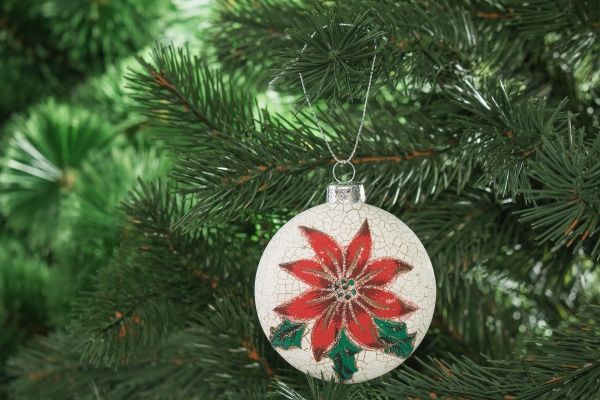 Елочная игрушка Плоский шар Пуансеттия 8 см 