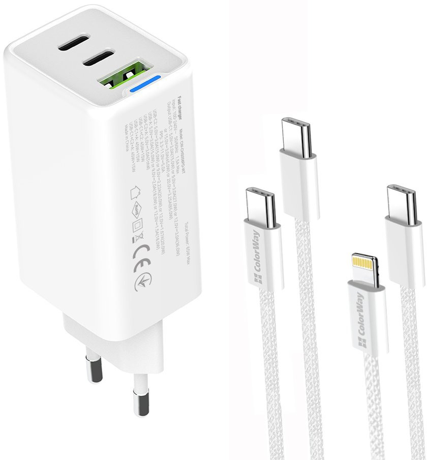 Сетевое зарядное устройство ColorWay GaN Mini 65W PD Port PPS USB (USB-2C1A) cable Type-C&Lightning (CW-CHS058PDCL-WT)