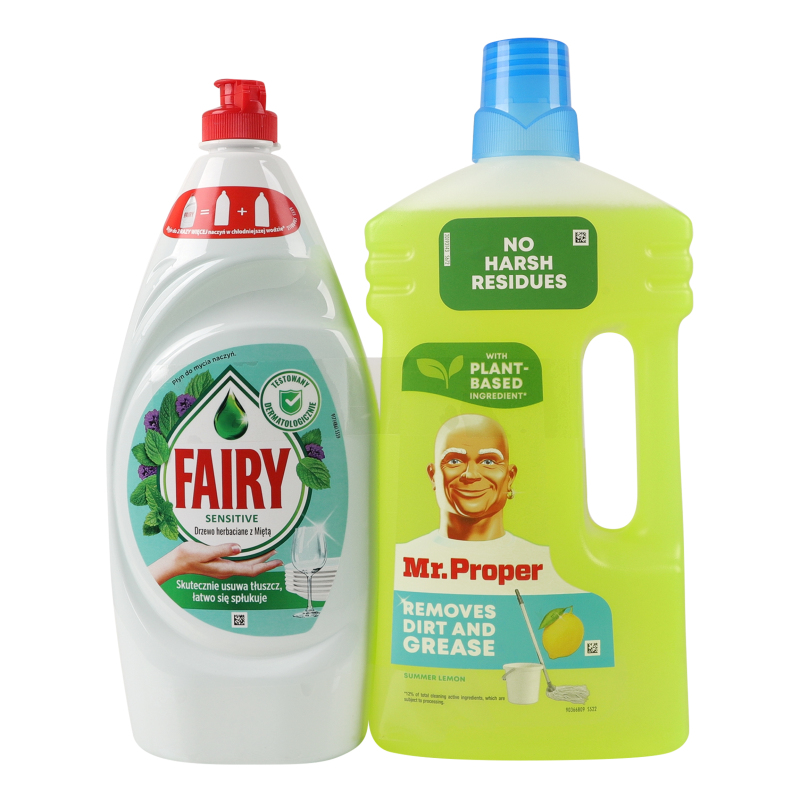 Набор Fairy Средство для мытья посуды Чайное дерево и мята 900 мл + Средство для мытья пола Mr. Proper Лимон 1л