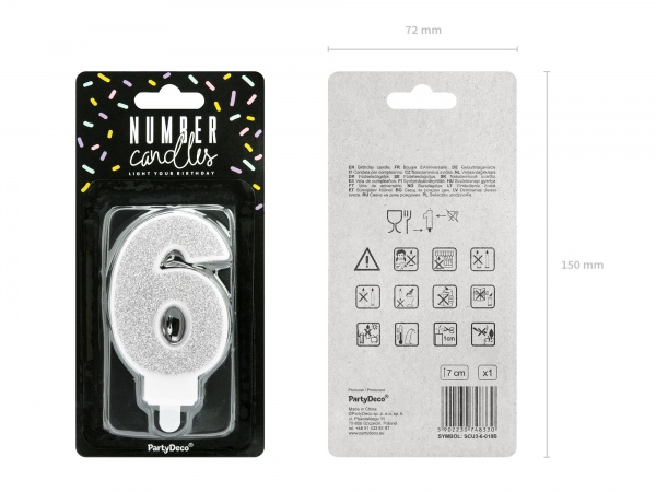 Свеча для торта Partydeco цифра 6 серебряная 7 см (SCU3-6-018B)