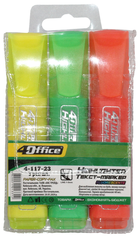 Набір текстових маркерів 4Office 3шт 1-5мм 4-117-23 01100340 різнокольоровий