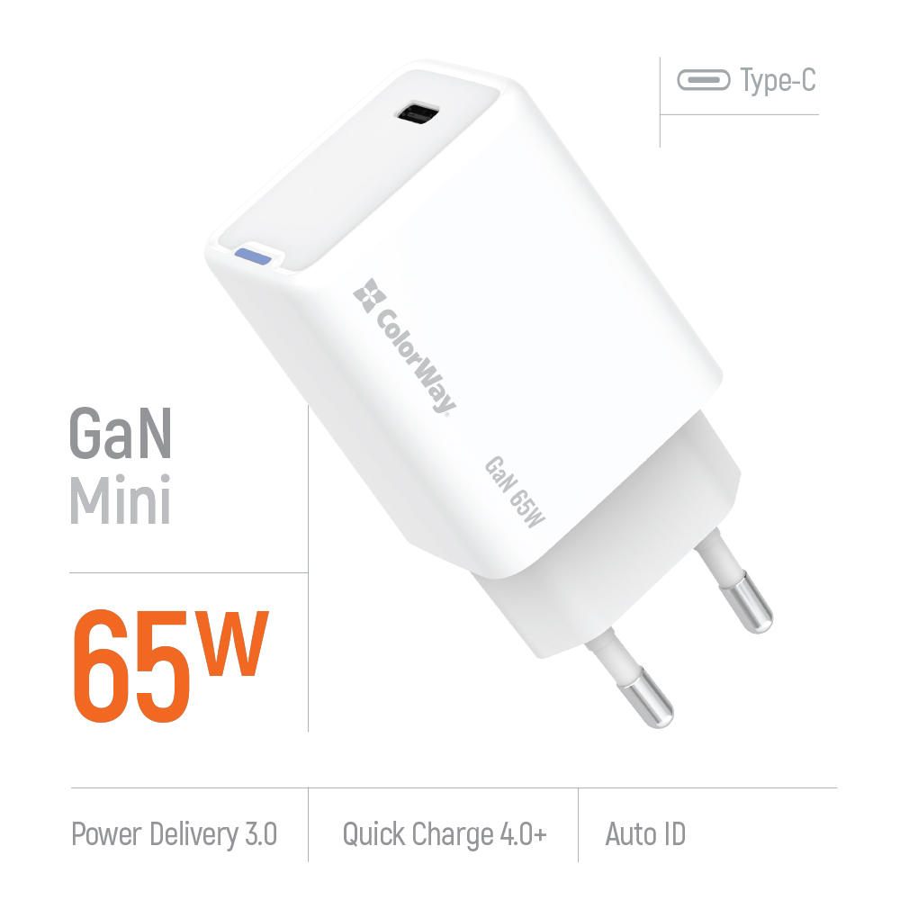 Зарядное устройство ColorWay GaN Mini 65W PD Port PPS USB-C белый