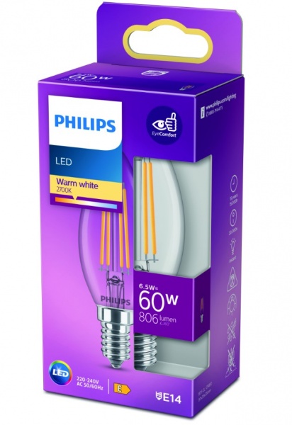 Лампа светодиодная Philips B35 6,5 Вт E14 2700 К 220-240 В прозрачная 929002028055 